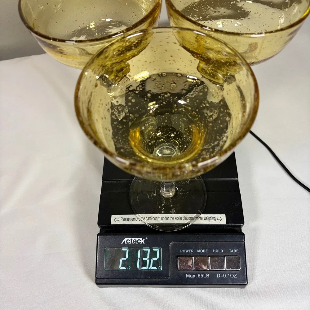 Amber Seeded Glass Margarita Glasses Set of 3 Hand Blown‎ Clear Stem 7 Inch